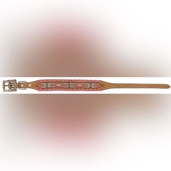 Showman Couture Genuine leather dog collar with beaded inlay pink whipstitching - Picture 1 of 1